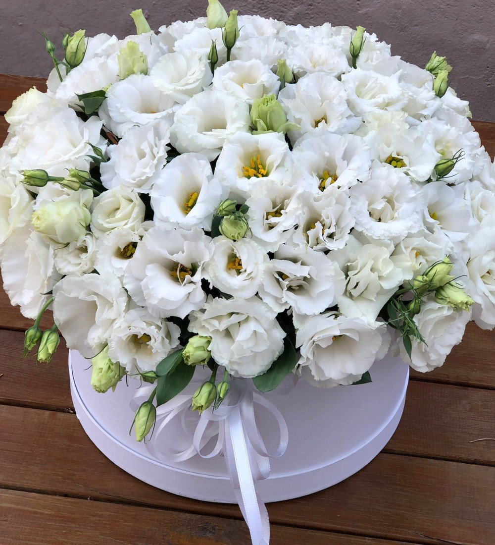 manavgat kutuda beyaz lisyantus side zarif çiçek aranjmanı masumiyet çiçeği